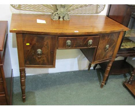 GEORGIAN BOW FRONT KNEEHOLE SIDEBOARD, mahogany twin side cupboard and single frieze drawer sideboard with tapering ringed le