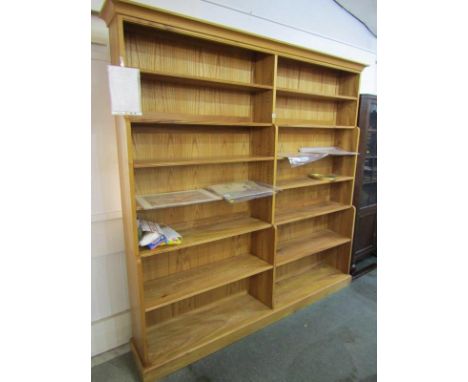 LIBRARY BOOKCASE, a large open fronted modern elm breakfront adjustable shelf bookcase, 82" height 80" width 