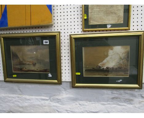 MARITIME, pair of 19th Century watercolours "Merchant Ship on fire in Torbay", together with framed manuscript of account of 