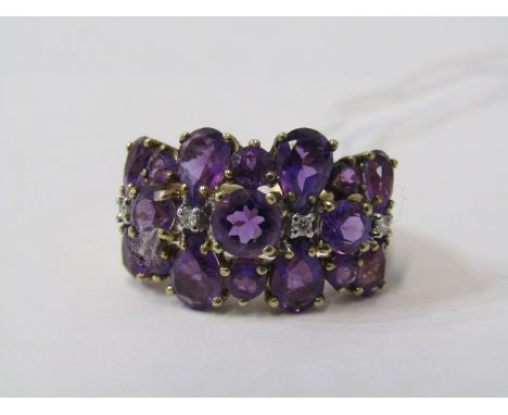 9ct YELLOW GOLD AMETHYST &amp; DIAMOND CLUSTER RING, impressive dark purple amethyst with 4 illusion set accent diamonds, siz