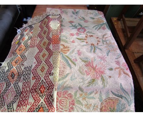 VINTAGE TAPESTRY, floral embroidered wall hanging, 60" x 35", together with kilim rug 