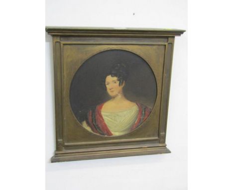 19th CENTURY PORTRAIT, oil on panel "Portrait of Young Lady in white lace dress", 9" diameter 