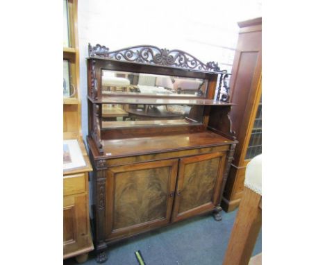 REGENCY MAHOGANY MIRROR BACK CHIFFONIER, twin cupboard base with Empire style carved side supports terminating with lion claw