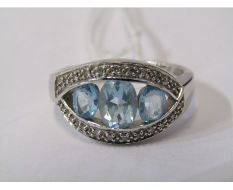 9ct WHITE GOLD AQUAMARINE &amp; DIAMOND RING, size Q/R 