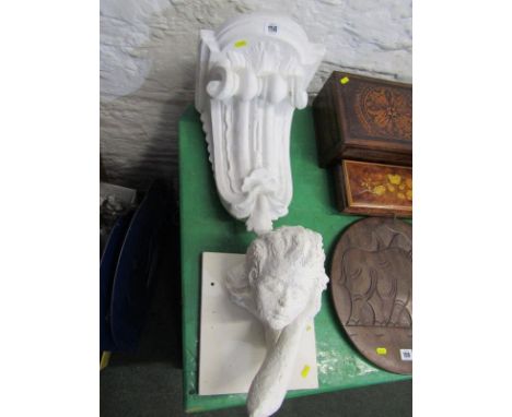 ARCHITECTURAL, painted scroll support bracket shelf, 15" height, also plaster sculpture "Head of Young Woman", 9" height 