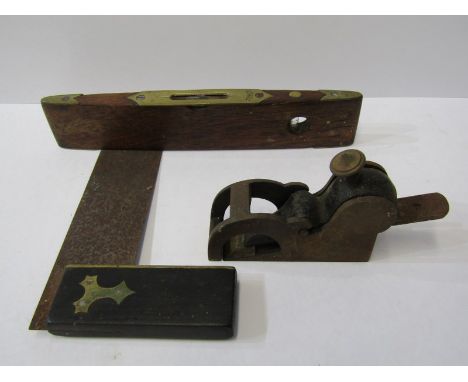 CARPENTRY TOOLS, brass banded spirit level, 9" length, also miniature plane and ebony handled square 