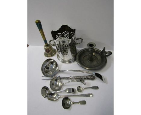 METALWARE, pewter chamberstick with snuffer; HM silver Kings pattern handled carving fork, plated syphon holder, assorted cut