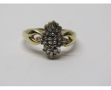 9CT YELLOW GOLD DIAMOND CLUSTER RING, mixed bagette &amp; brilliant cut diamonds, set in 9ct yellow gold Art Deco design, siz