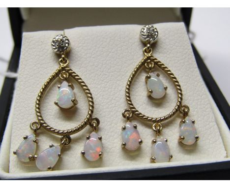 9CT YELLOW GOLD OPAL &amp; DIAMOND DROP EARRINGS 