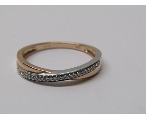 9CT YELLOW GOLD DIAMOND SET CROSS OVER STYLE ETERNITY RING, 2 tone yellow &amp; white gold, size P 