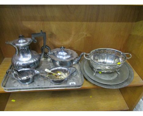SILVERPLATE, 3 piece plated tea service, pierced gallery rectangular tray, 2 ethnic engraved serving dishes, etc 