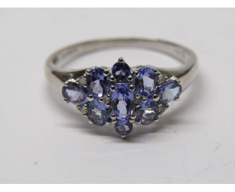 9CT WHITE GOLD TANZANITE CLUSTER RING, size W 