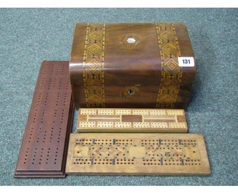 VICTORIAN WALNUT STRAW WORK NEEDLEWORK CASKET, (needs restoration), 10" width, together with 3 wooden cribbage boards 