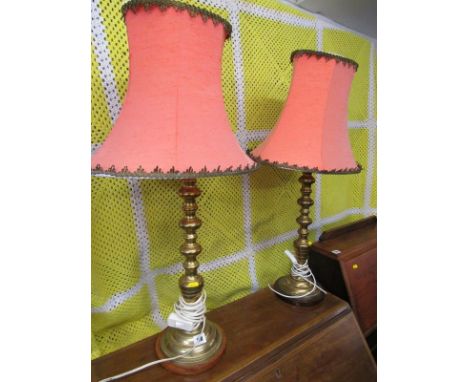 LIGHTING, pair of brass circular base multi knop stem table lamps and oval shades, 19" height 