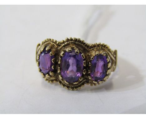 VINTAGE STYLE 9CT YELLOW GOLD 3 STONE AMETHYST RING, size L/M 