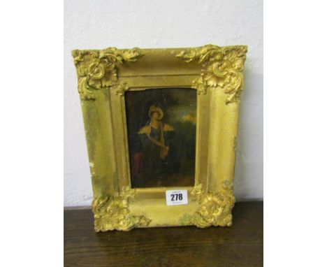 19th CENTURY PORTRAIT, oil on board "Portrait of standing Woman with white bonnet and scarf" indistinctly signed, 5.5" x 3.5"