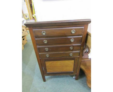 MUSIC CABINET, mahogany narrow 4 drawer and cupboard base music cabinet with ring drop handles, 21.5" width 
