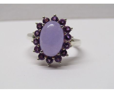 SILVER LILAC, JADE &amp; AMETHYST CLUSTER RING, size M/N 
