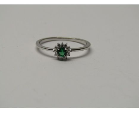 9CT WHITE GOLD GREEN STONE (POSSIBLY GREEN GARNET) &amp; DIAMOND CLUSTER RING, principal brilliant cut green stone surrounded