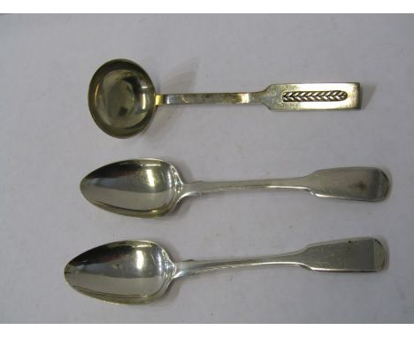 EXETER SILVER, pair of Exeter silver fiddle pattern tea spoons, maker HR, 1828, also a modern silver ladle, London 1979, APH 