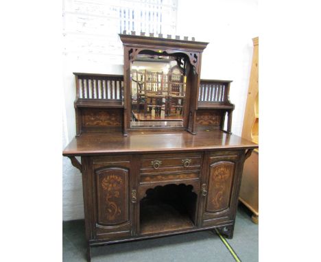 ART NOUVEAU MARQUETRY OAK MIRROR BACK SIDEBOARD, style of Shapland and Petter, twin cupboard base, inlaid with stylised tendr