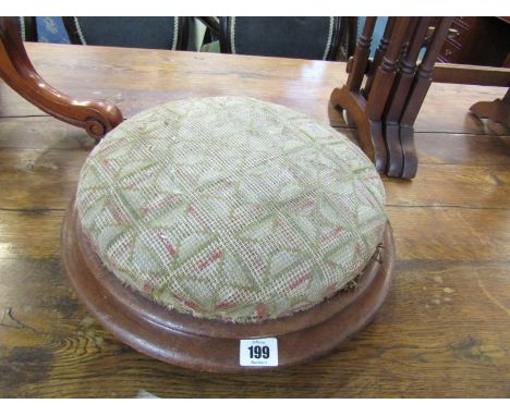 VICTORIAN FOOT STOOL, mahogany circular framed tapestry foot stool, 15" diameter 