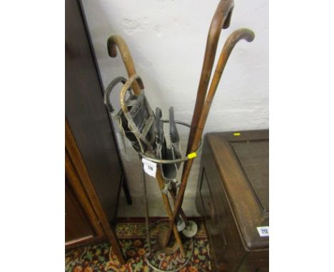 VINTAGE STICK STAND together with 2 shooting sticks and 3 walking canes 