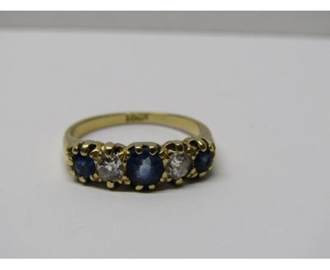 18CT YELLOW GOLD 5 STONE SAPPHIRE &amp; DIAMOND RING, 3 sapphires of good colour separated by a pair of old cut diamonds in h