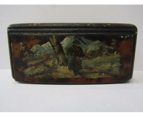 19th CENTURY SNUFF BOX,  faux tortoiseshell, rectangular papier mache snuff box, decorated with huntsman in winter landscape,
