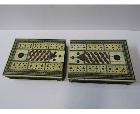 ANTIQUE INDIAN CRIBBAGE BOX, inlaid ivory and carved cedarwood folding cribbage box (requires restoration), 12.5" x 4.5" 