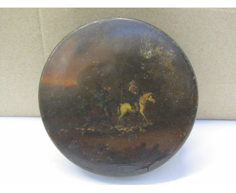 ANTIQUE SNUFF BOX, late Georgian papier mache circular snuff box decorated with equestrian figures and hounds, 4" diameter 