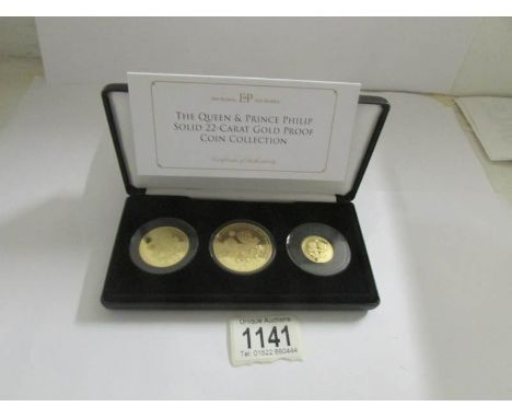 The Queen Elizabeth II and Prince Phillip 22ct gold proof coin collection, £5, £2 and £1.