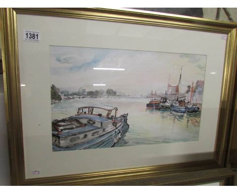 A watercolour painting of boating scene at Brayford pool in Lincoln by Lincoln artist Gordon Cumming, signed and dated 1978.