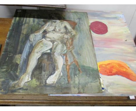 A double sided mid 20th century oil on board portrait of a man initialed S A R '76 and verso female nude together with a mid 