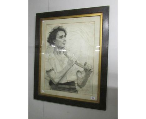 A large oak framed and glazed mixed media portrait of a farm worker.