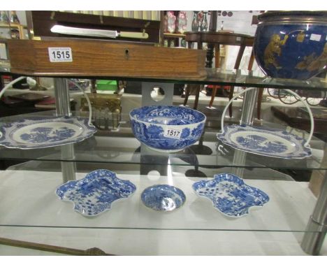 6 items of blue and white including Spode bowl, 2 Wood's cake plates etc.,