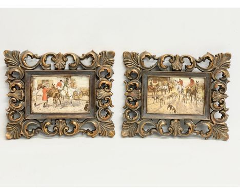 A pair of hunting prints on ornate gilt frames. 26x21cm 