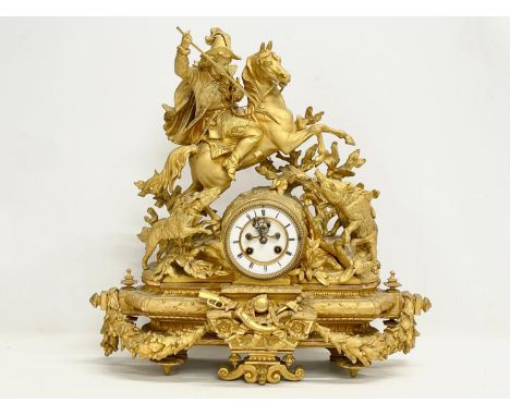 A large Phillipe. H. Mourey (1840-1910) late 19th century gilt spelter mantle clock. With pendulum. 47x17x47cm 
