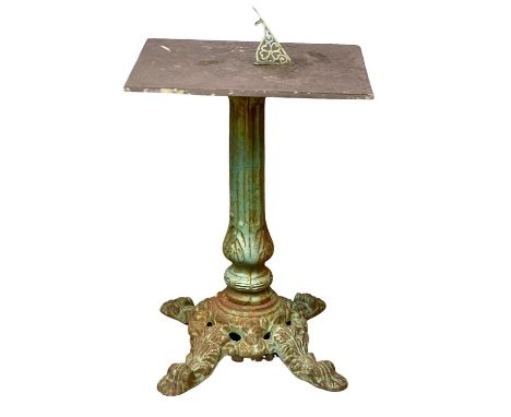 A 19th century cast iron based sundial with slate top.  Inscribed James McMeekan, 1842.  51x40x71cm 