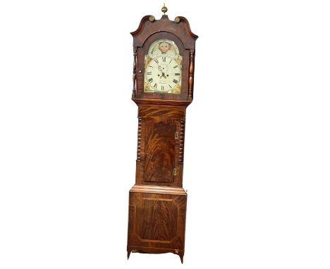 A large early Victorian mahogany long case clock with painted moon dial face. Circa 1835-1840. Weights and pendulum. 243cm 