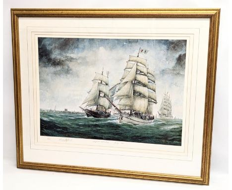 A large signed print by Patrick J. Lynch, titled "Belfast Tall Ships." 1991. 83x69cm 