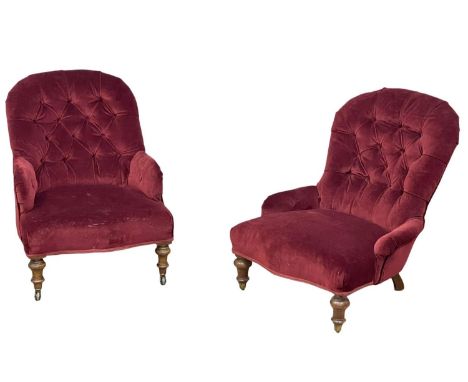 2 Victorian button back lady’s chairs. A nursing chair and matching parlour armchair. Circa 1860-1880. 