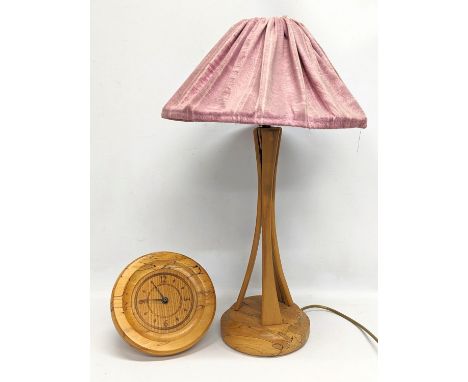 A vintage Irish Beech table lamp by Austin Wood Design with wall clock. 