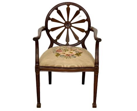 An early 20th century Hepplewhite style mahogany armchair with tapestry seat. Circa 1900-1910. 
