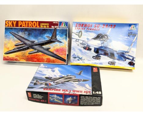 3 model planes including Sky Patrol Lockheed TR-1A/B, Sukhoi Su-34/32 Strike Flanker by Italeri and a Vampire MK.1 WWII Jet b