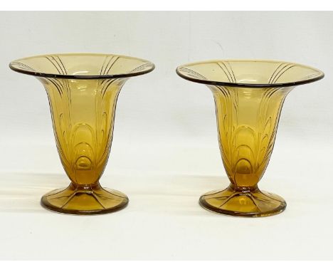 A pair of vintage Art Deco style Amber Glass vases. 14.5x13.5cm 