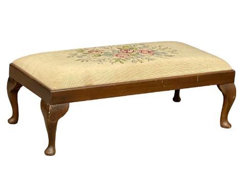 A long vintage mahogany framed stool with a tapestry top.  88x41x31cm 