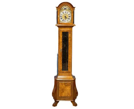 A mahogany and burr walnut long case clock with brass moon dial face. By Warmink. Weights and pendulum. 166.5cm 