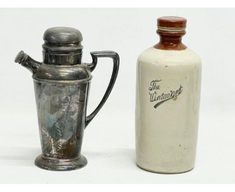 A vintage silver plated cocktail shaker and a stoneware bottle. 25cm 