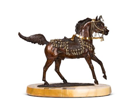 ANNETTE YARROW (b.1932): ARAB STALLION  a brown patinated bronze horse figure with gilt-bronze embellishments, commissioned c